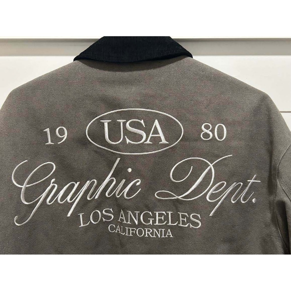 PacSun Graphic Dept Los Angeles Work Jacket Gray Canvas Corduroy Collar Mens M